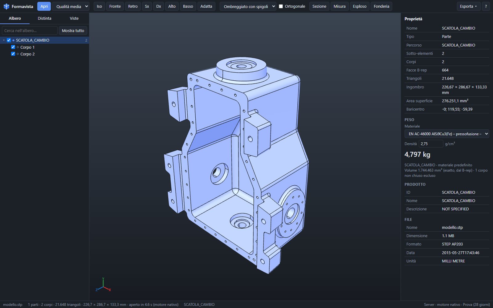 Formavista con un modello aperto: albero dell'assieme, vista 3D e proprietà della parte